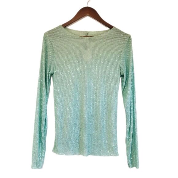 FREE PEOPLE Gold Rush Sequin Long Sleeve Top Tee Mint Green Medium Large New - Picture 2 of 11